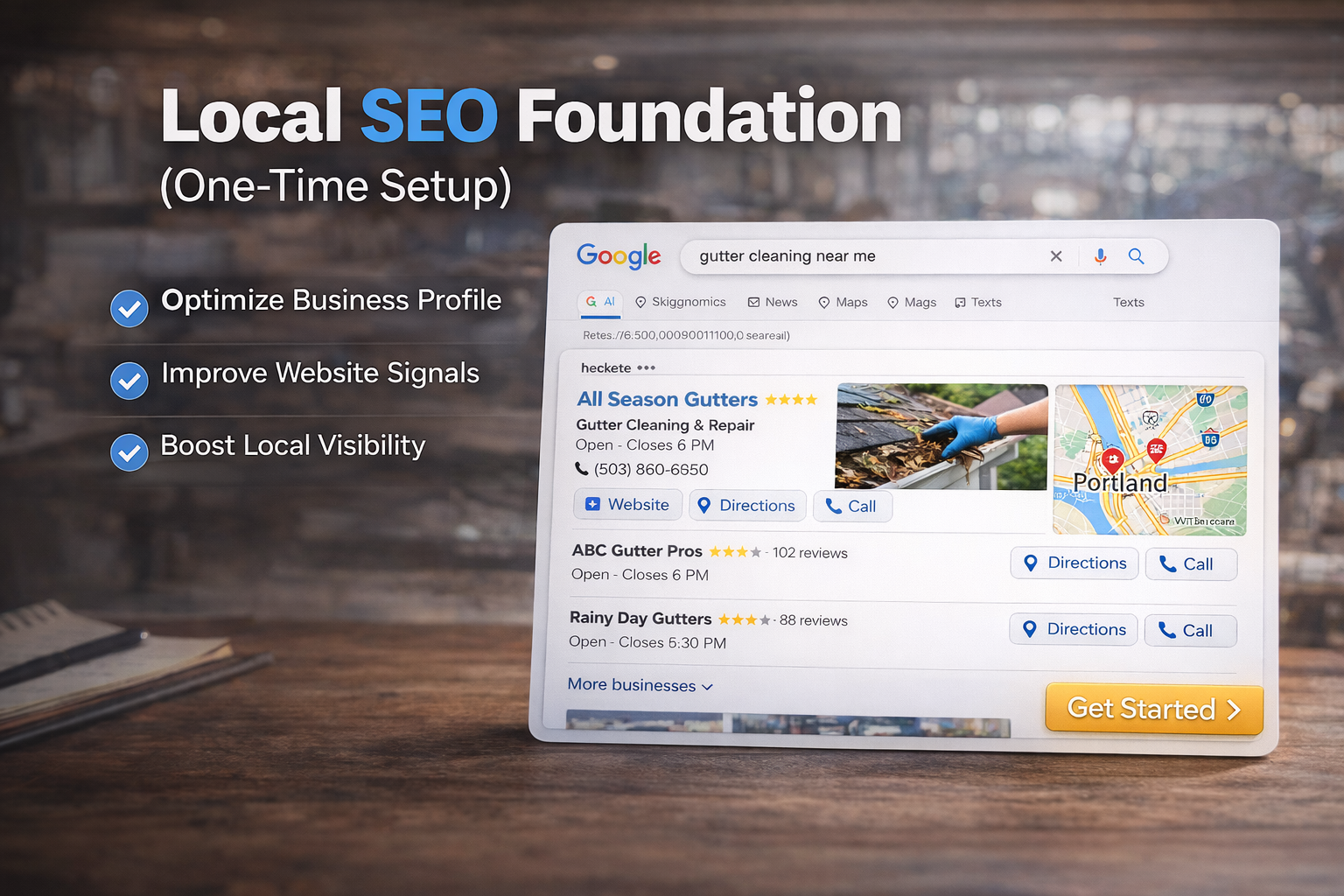 Local SEO foundations setup service showing Google Business Profile optimization and improved local search visibility