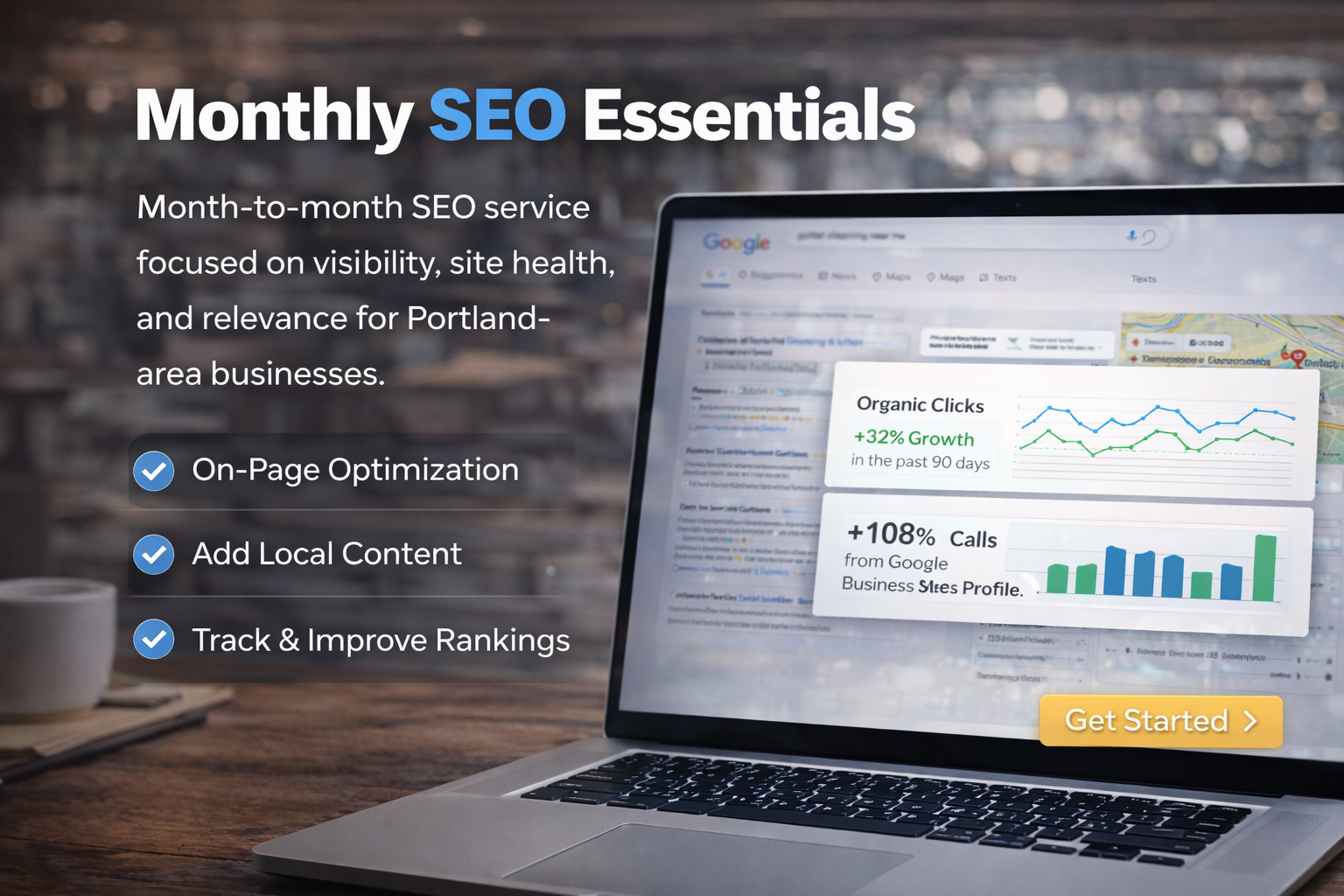 Monthly SEO essentials service showing organic search results focused on maintaining visibility, site health, and search fundamentals