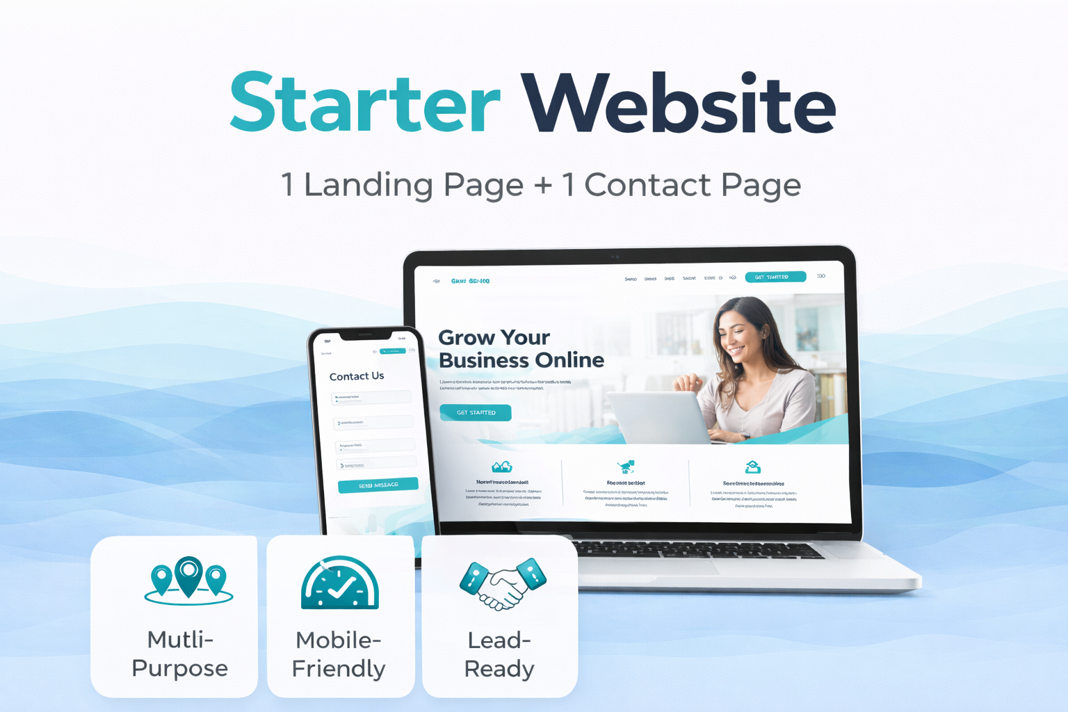 Starter website design showing a modern WordPress landing page and contact page built for small businesses in Portland