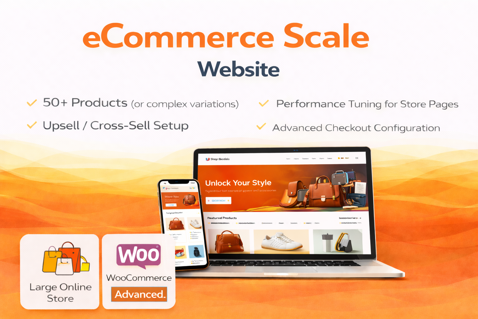 Ecommerce scale website design showing a large WooCommerce store built for 50 plus products and advanced checkout features