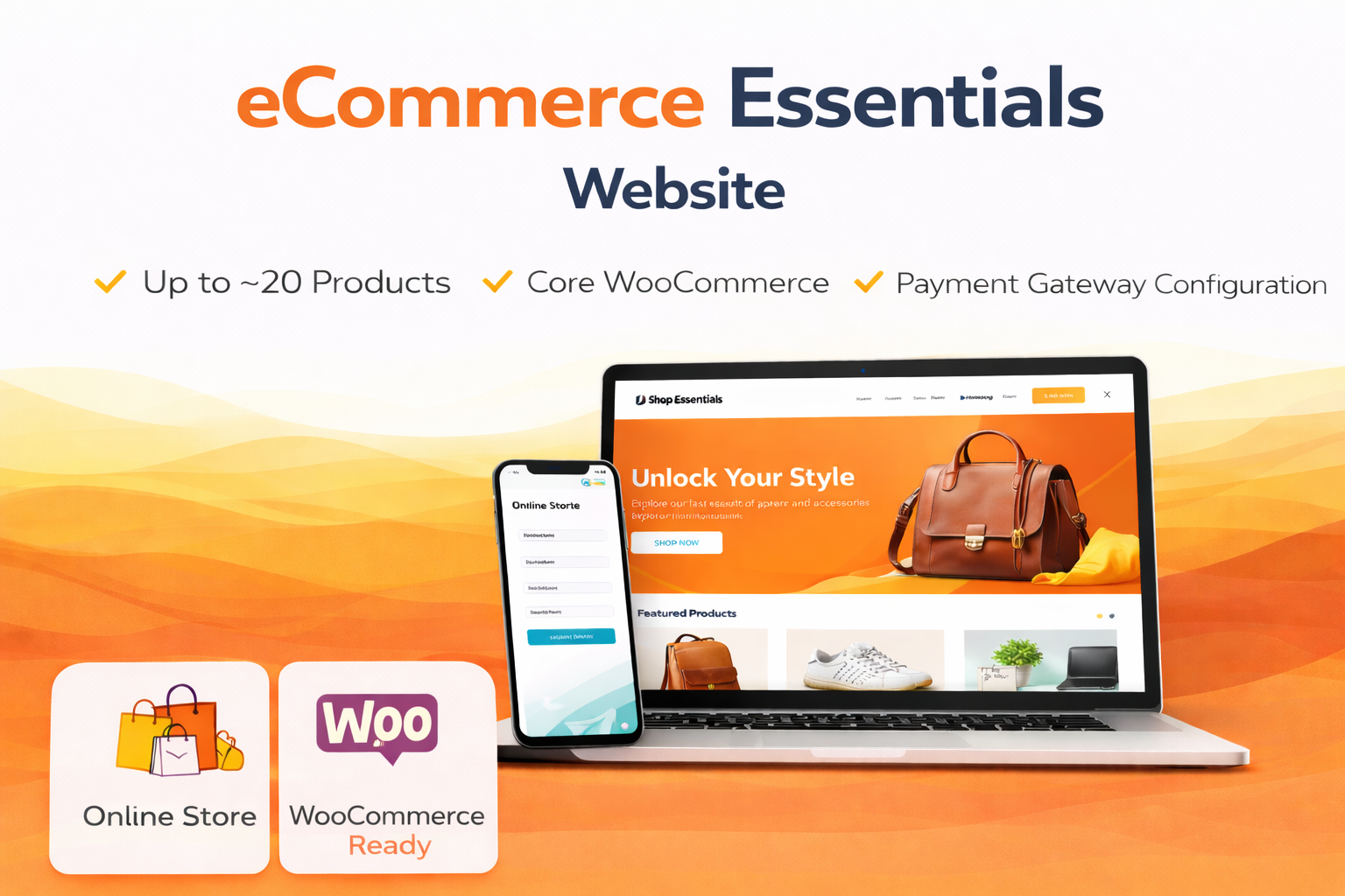 Ecommerce essentials website design showing a small WooCommerce store built for selling up to 20 products